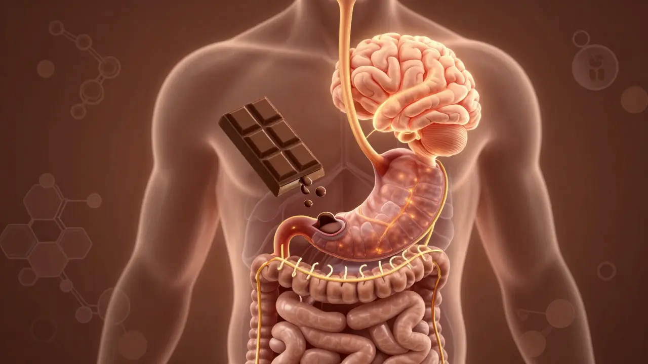 Ilustrace cesty CBD skrze tělo od žaludku k mozku s biochemickými prvky.