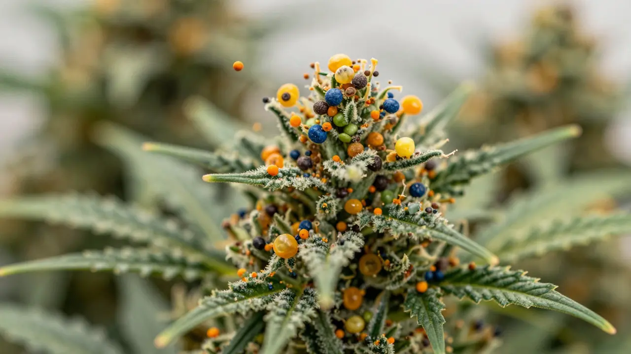 Konopná květina s terpeny jako barevné částice.