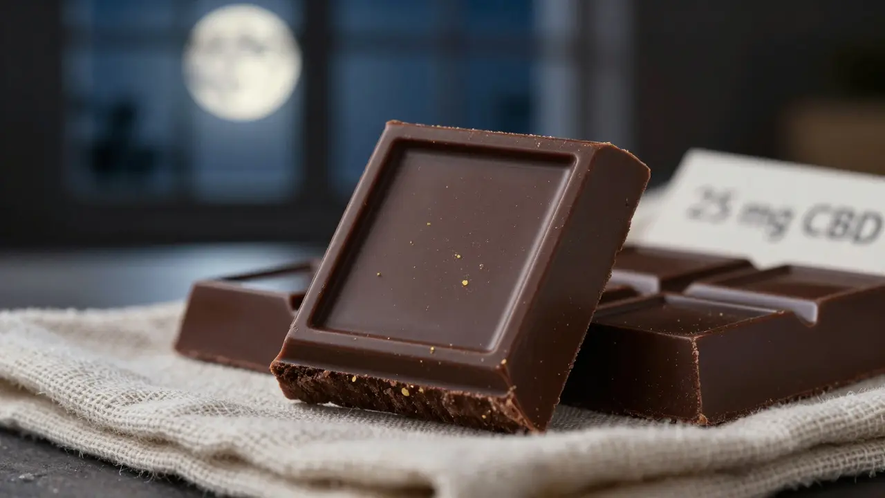 Kousek čokolády s 25 mg CBD rozlomený na lněné ubrousku za měsíčního světla.