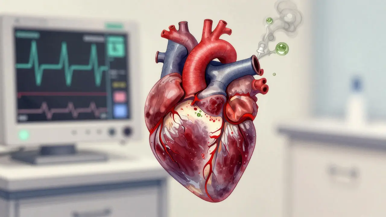 Lidské srdce rozdělené na dvě části: jedna normální, druhá s nepravidelnými pulsy a CBD molekulami, s EKG křivkou v pozadí.