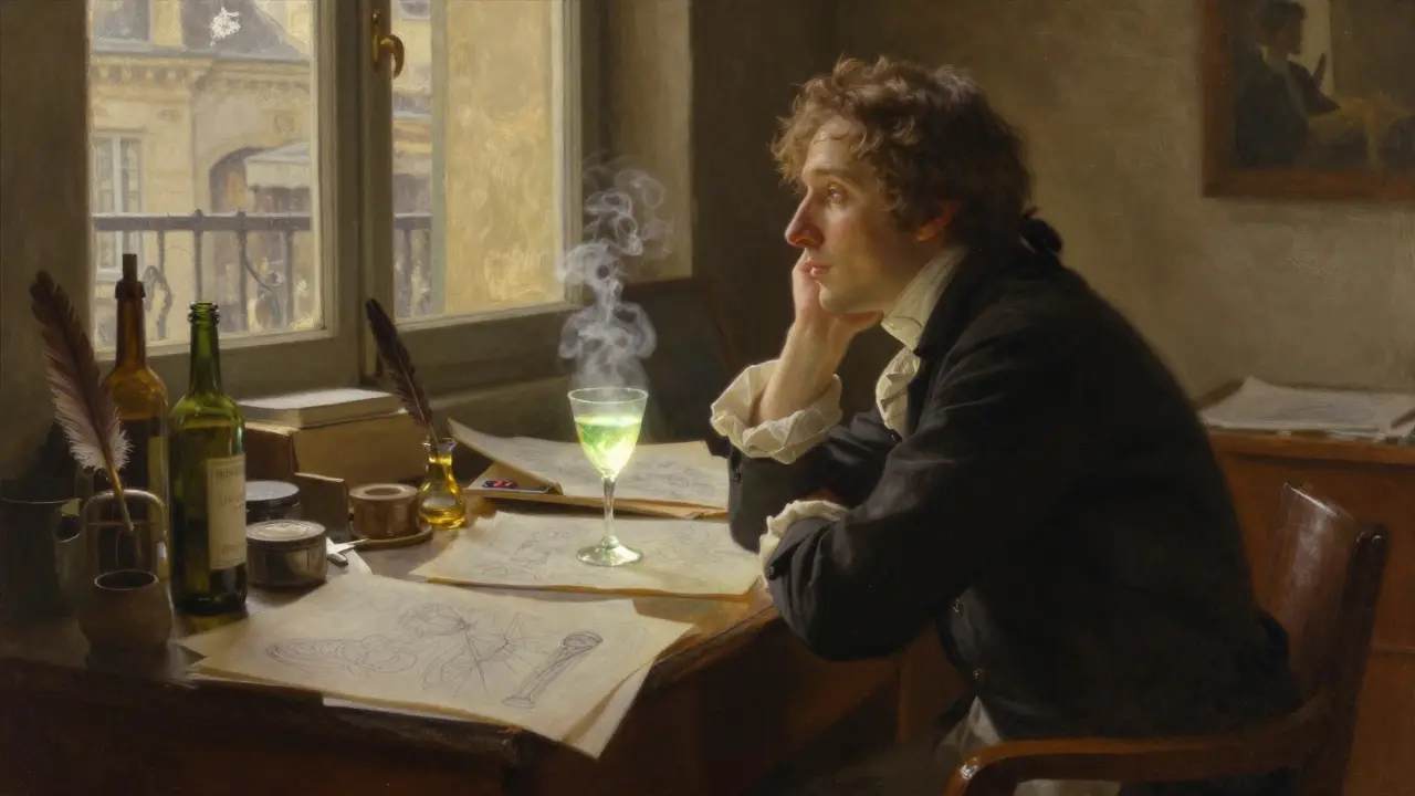 Malíř v 19. století pozoruje zářící absint ve své dílně s větrem a tajemným mlhavým efektem.