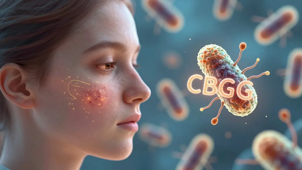 Microskopický pohled na bakterie a kůži, které CBG podporuje regeneraci a potlačuje infekci.