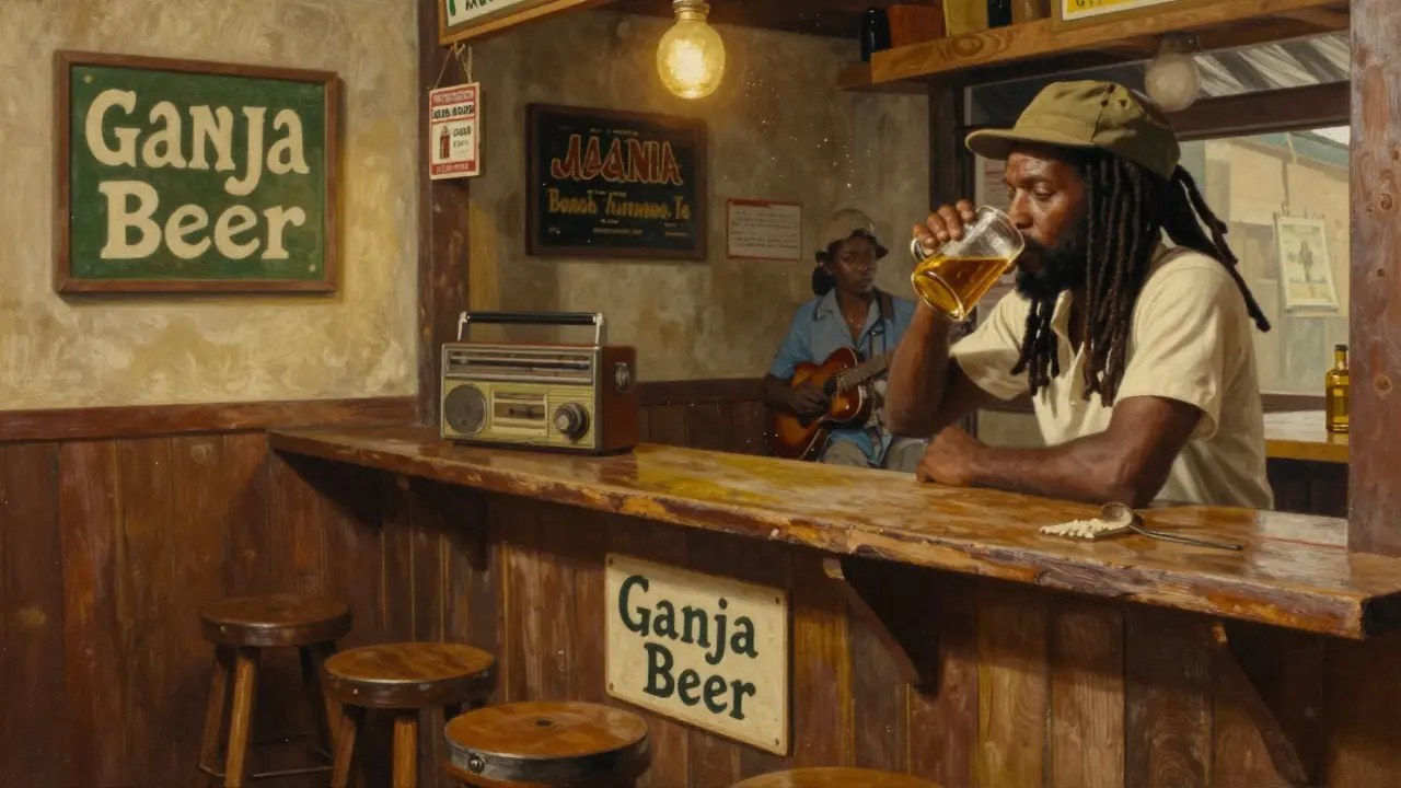 Muž v klobouku s dřeptanými vlasy pije ganja pivo v jamaické hospodě s reggae hudbou.