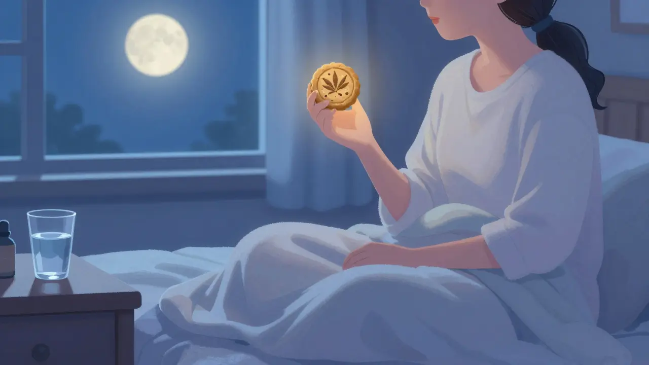 Osoba drží CBD sušenku v posteli s měsícem v okně.