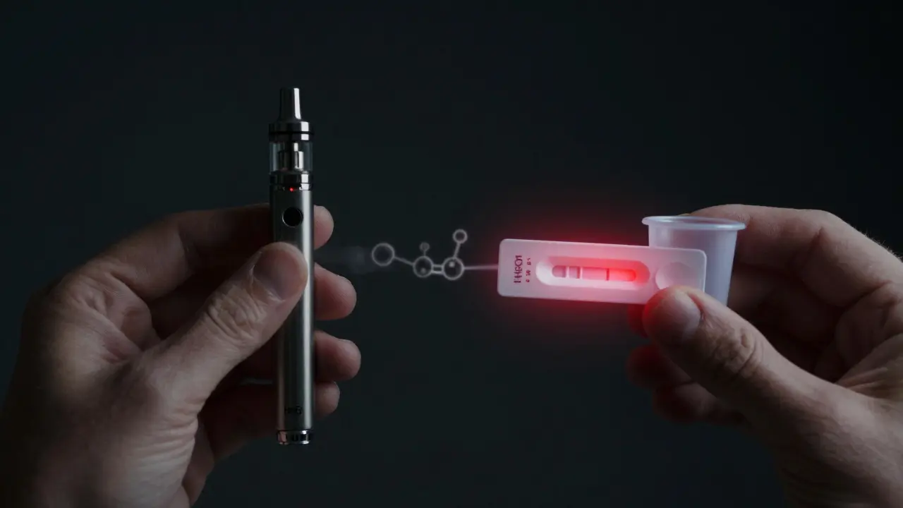 Osoba drží HHC vape a pozitivní test moči s červeným výsledkem, symbolizující skrytou detekci.