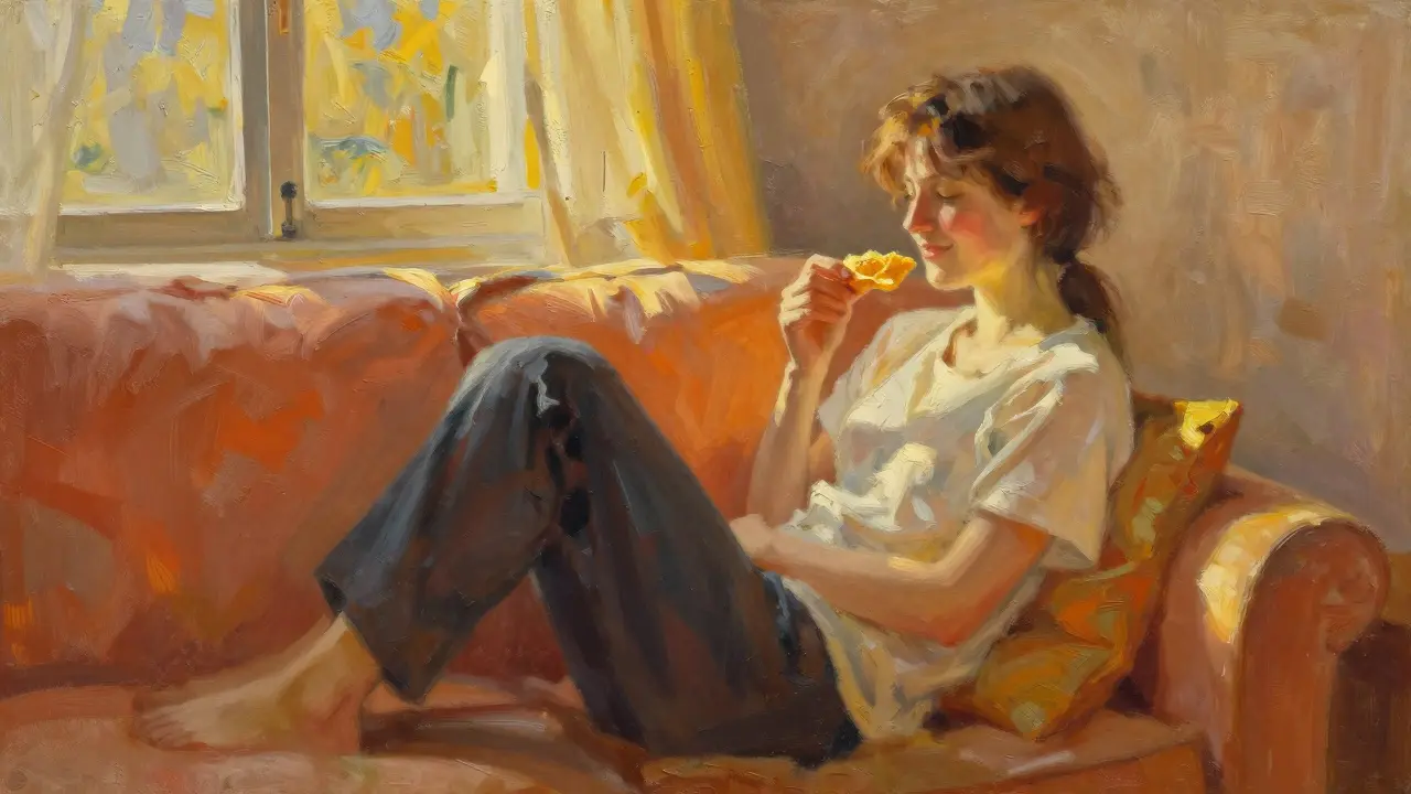 Osoba na sofě s snackem a klidným výrazem