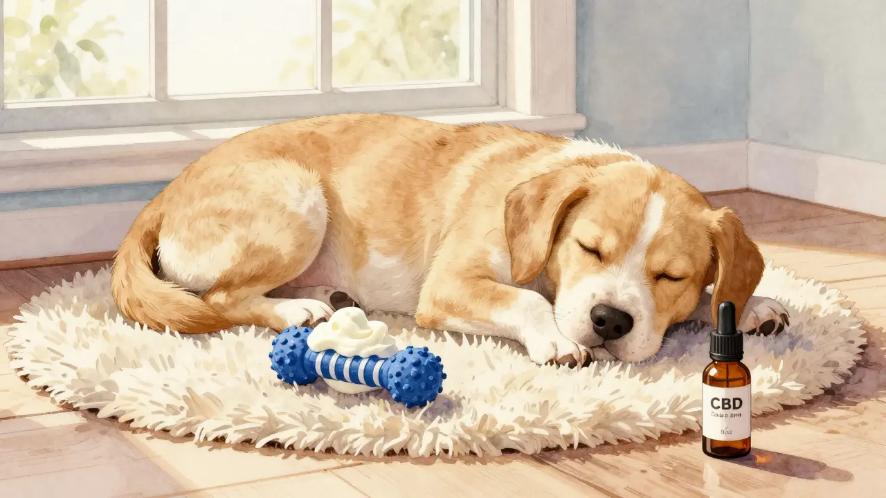 Pes klidně spí na koberečku, vedle něj hračka s jogurtem a láhev CBD oleje.