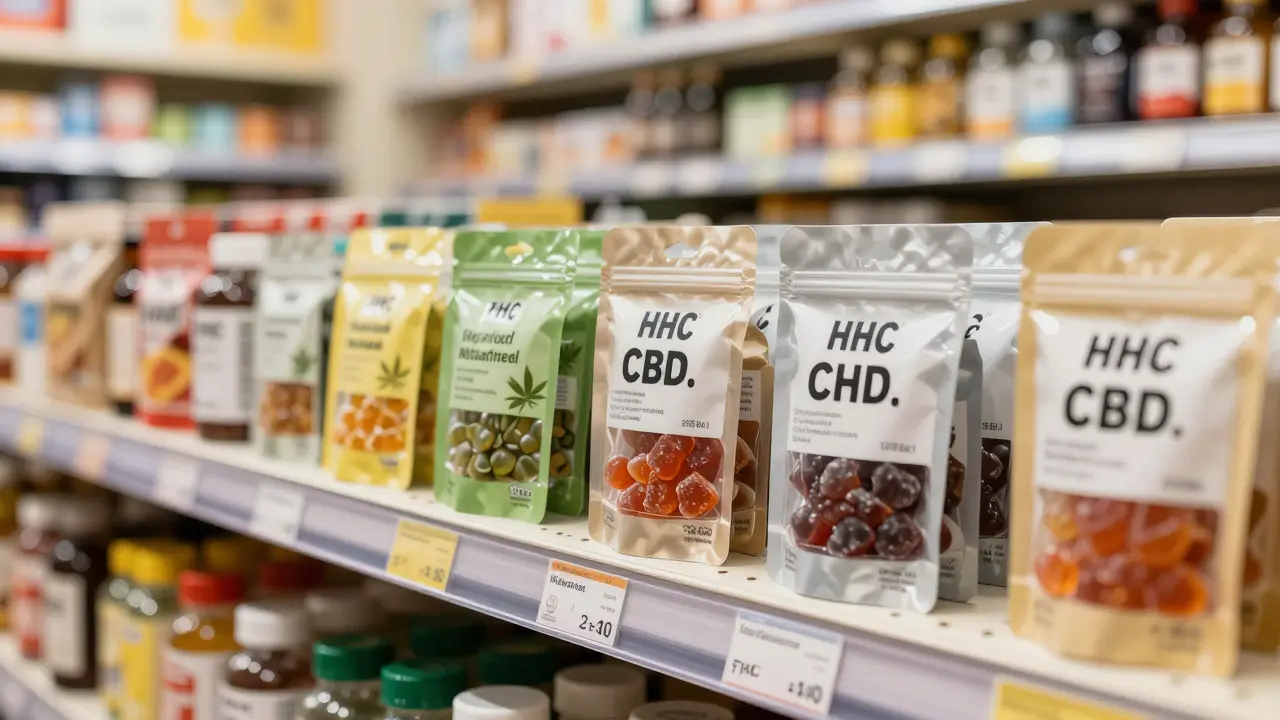 Regály s HHC gumičkami a CBD produkty v českém obchodě, bez jakýchkoli označení THC.