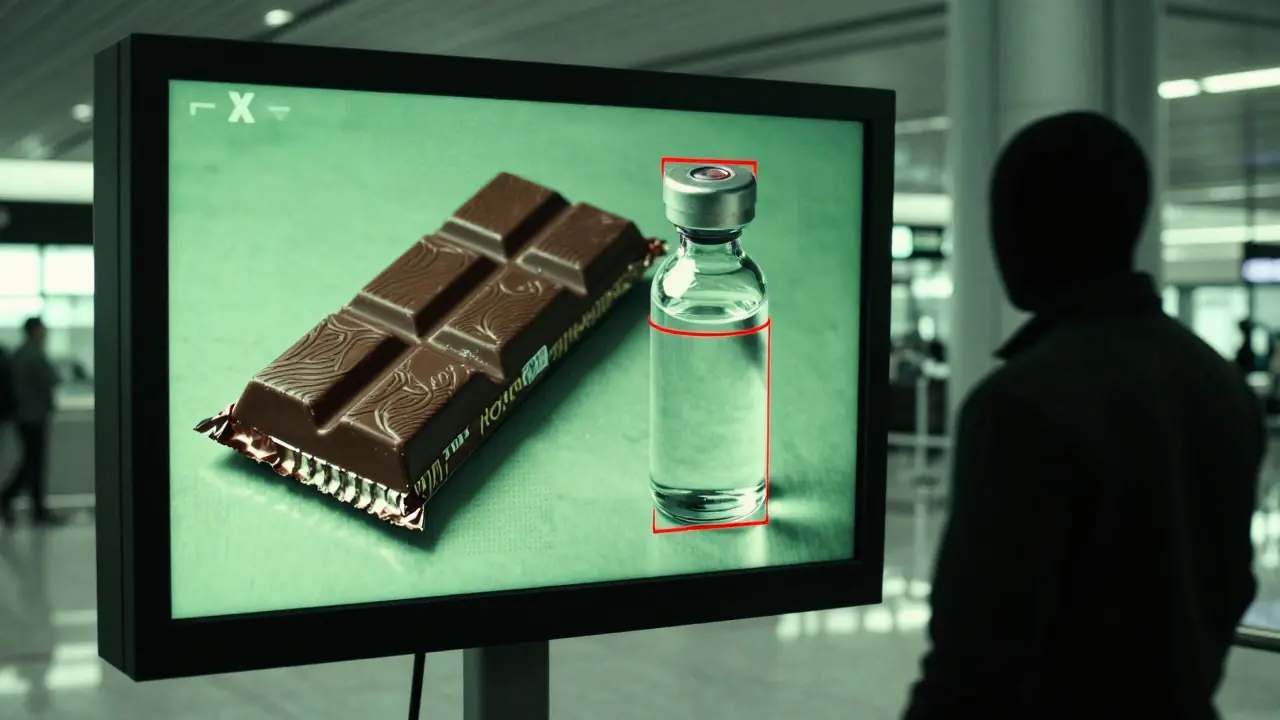 Rентген-образ с упаковкой шоколадки и капель HHC, выделенных красным предупреждением на экране безопасности аэропорта.