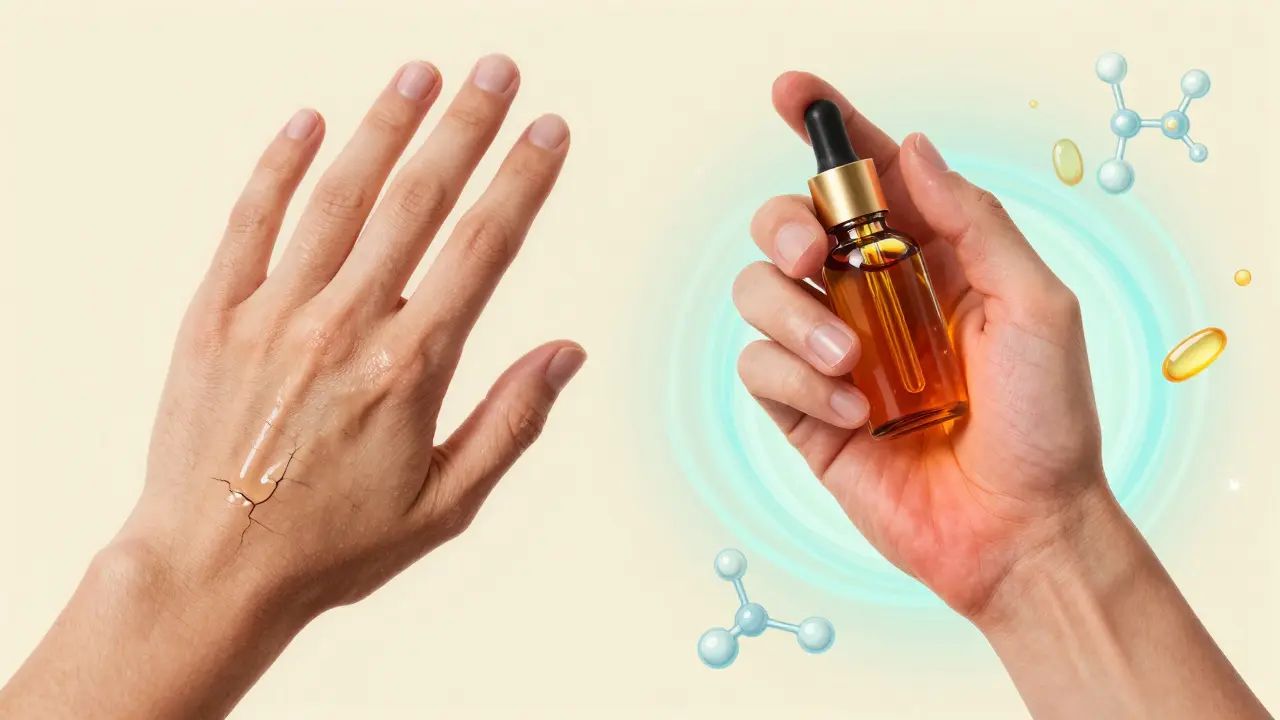 Ruce aplikující konopný olej na suchou kůži a CBD olej na zánětlivý kloub s energetickými vlnami.