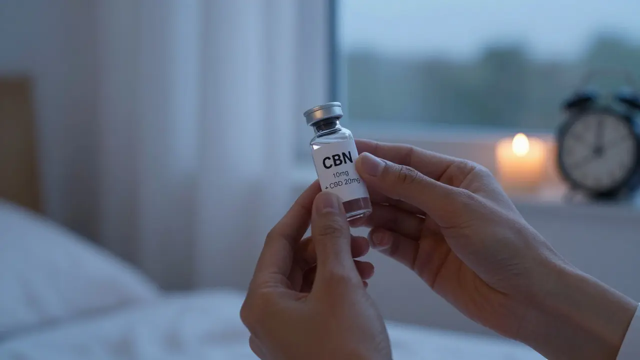 Ruce drží CBN-CBD olej v klidné ložnici večer