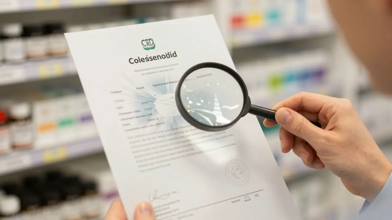 Ruka držící CBD květy a certifikát v české lékárně.