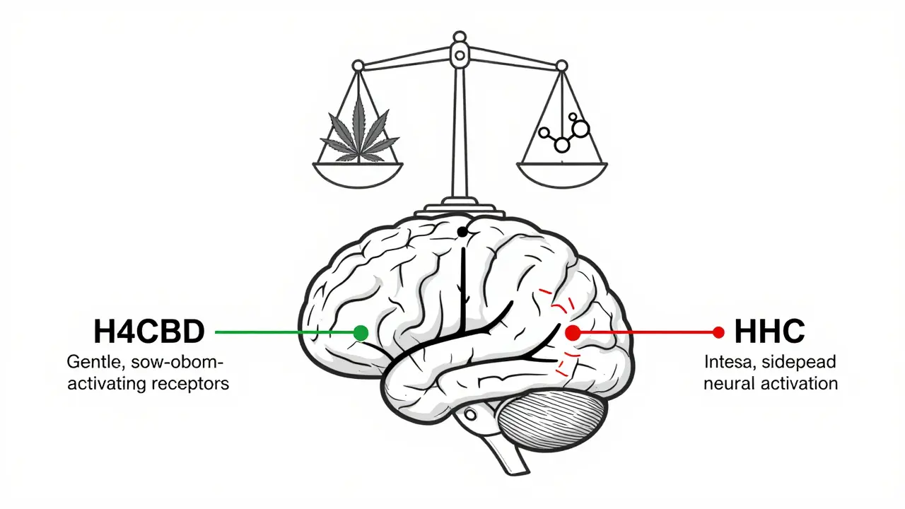 Schematický obrázek mozku s různými účinky H4CBD a HHC na neuronové receptory.