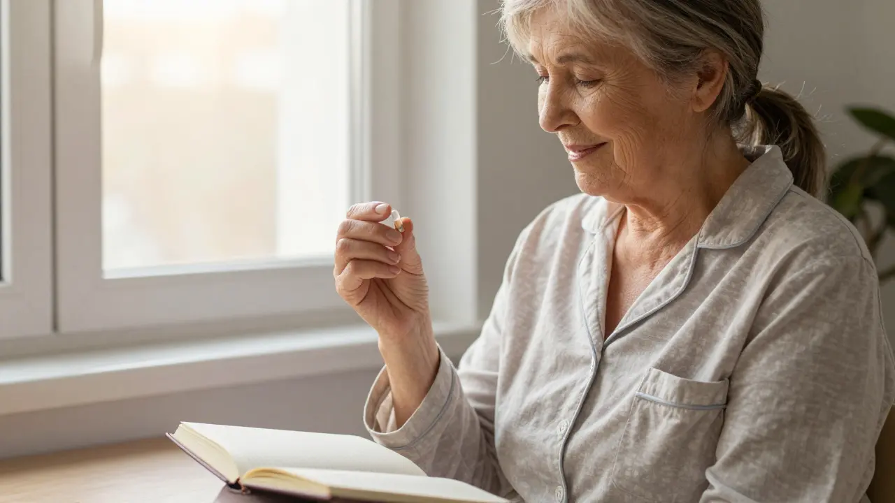 Starší žena drží kapsli CBN při ranním světle, vedle ní deník se záznamy spánku.