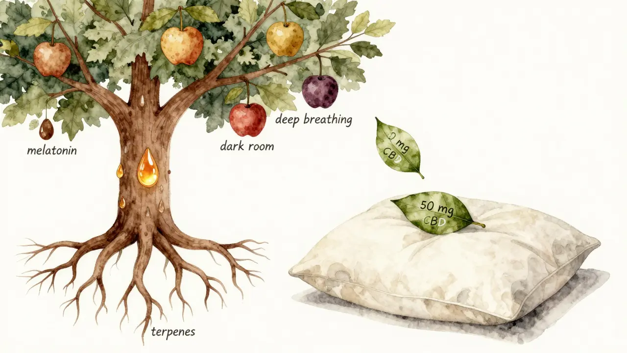 Strom s kořeny tvaru CBD kapky a ovoce symbolizující jiné metody zlepšení spánku, list CBD padá na polštář.