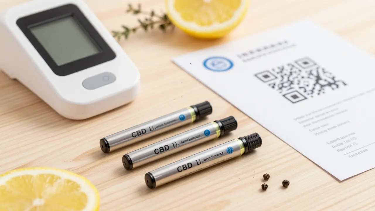 Tři kvalitní CBD kartridže s certifikací a přírodními příchutemi na dřevěném povrchu.