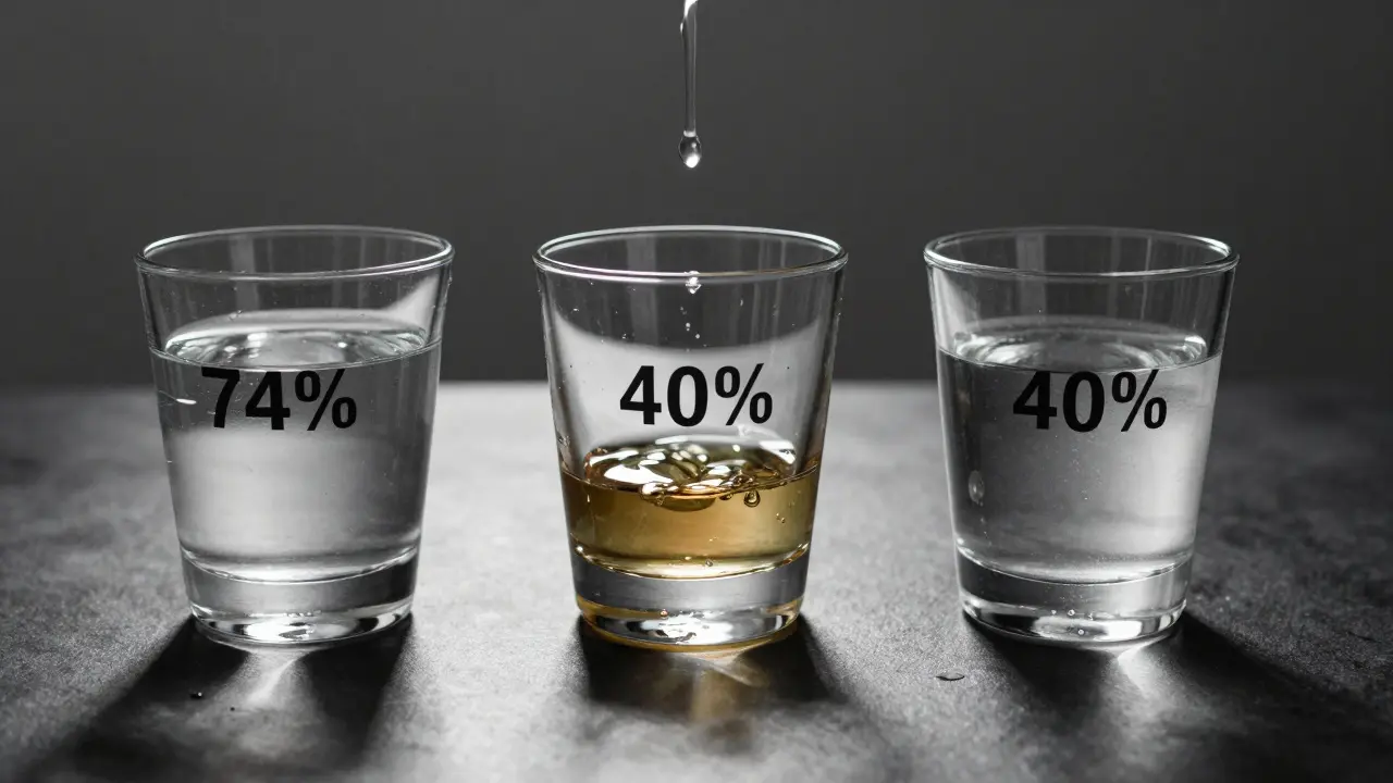 Tři sklenice s různými tvrdými alkoholy, kde absint má nejvyšší koncentraci, symbolizující sílu a rituál.