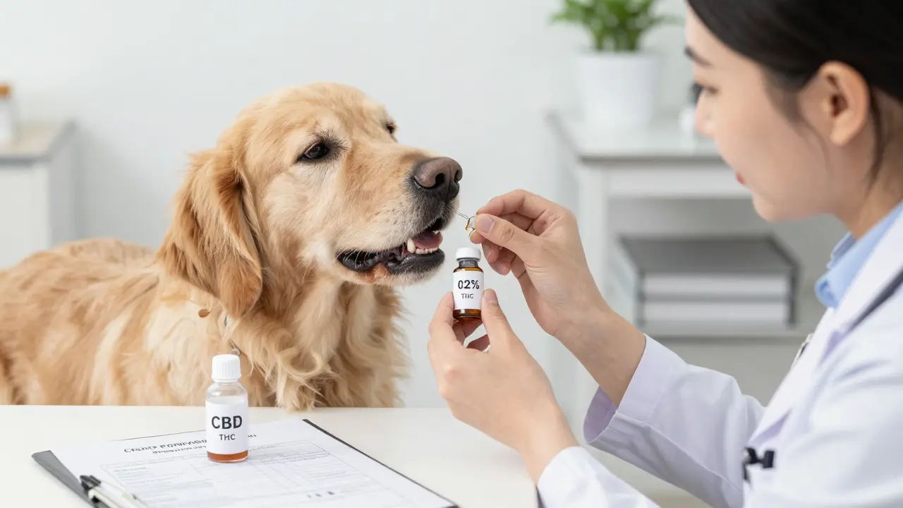 Veterinář podává psu CBD olej, majitel pozoruje, na stole je certifikát čistoty.