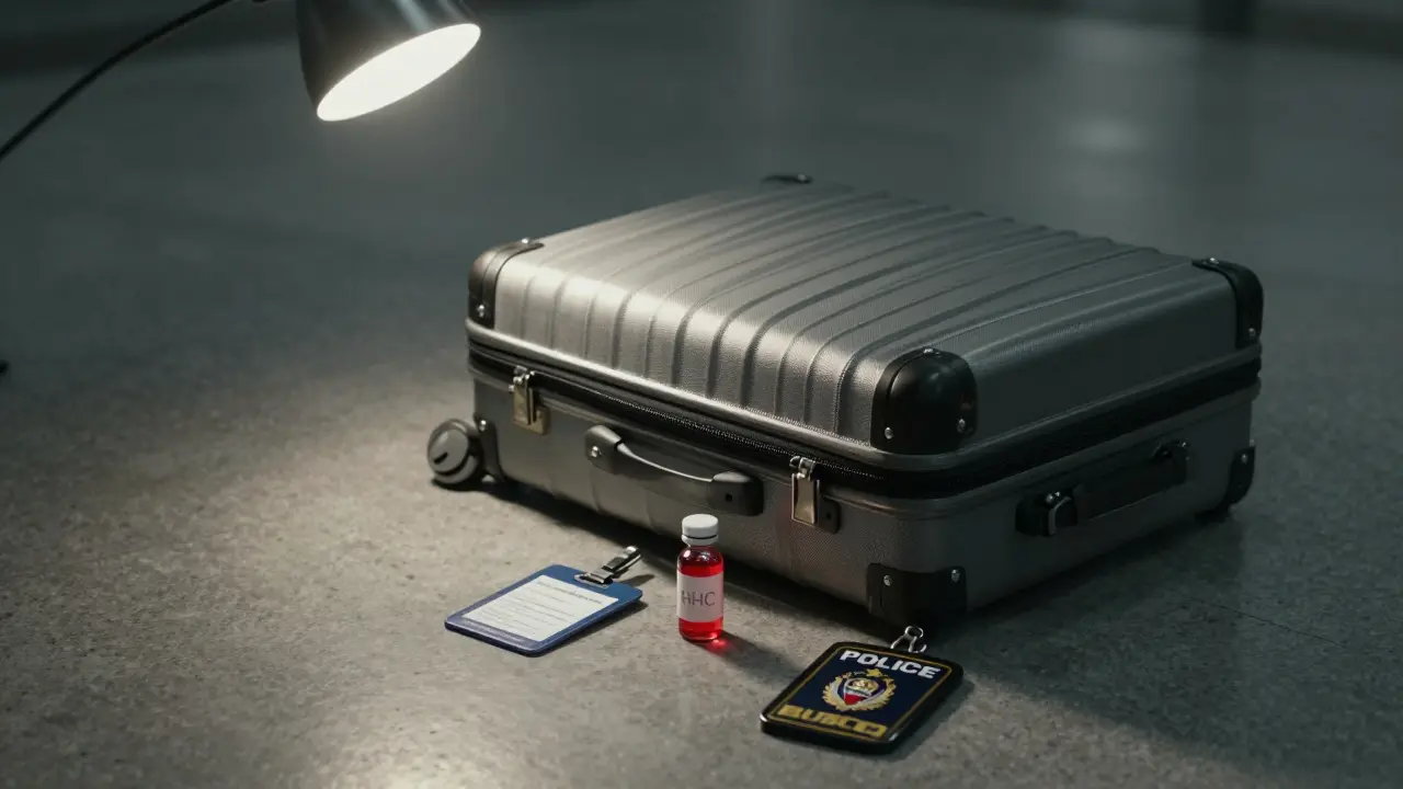 Zavřený kufr na podlaze letiště s otevřeným výřezem ukazujícím láhev HHC a vedle ní TSA a policií značku.