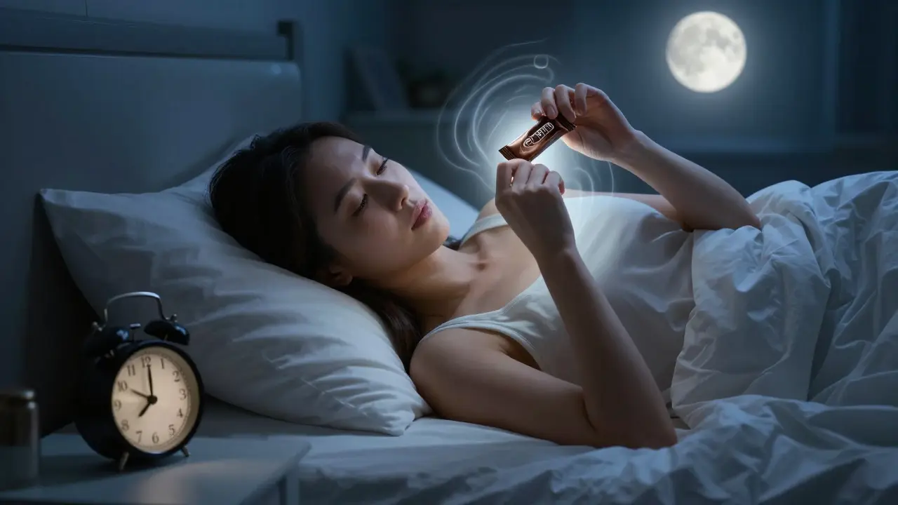 Žena v posteli s prázdným balíčkem CBD čokolády a klidnou atmosférou kolem.