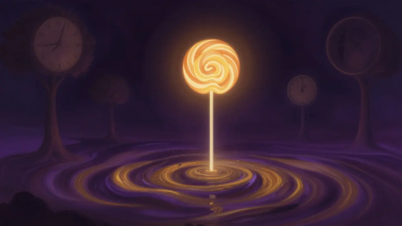 Abstraktní scéna rozpadajícího se lolly do světelných vln a časových zkreslení.