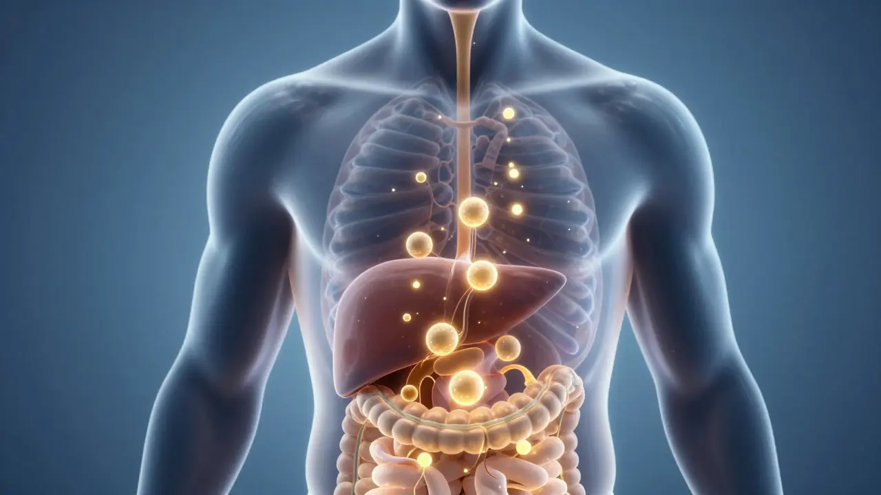 Abstraktní vizualizace trávicího procesu a vstřebávání látek.