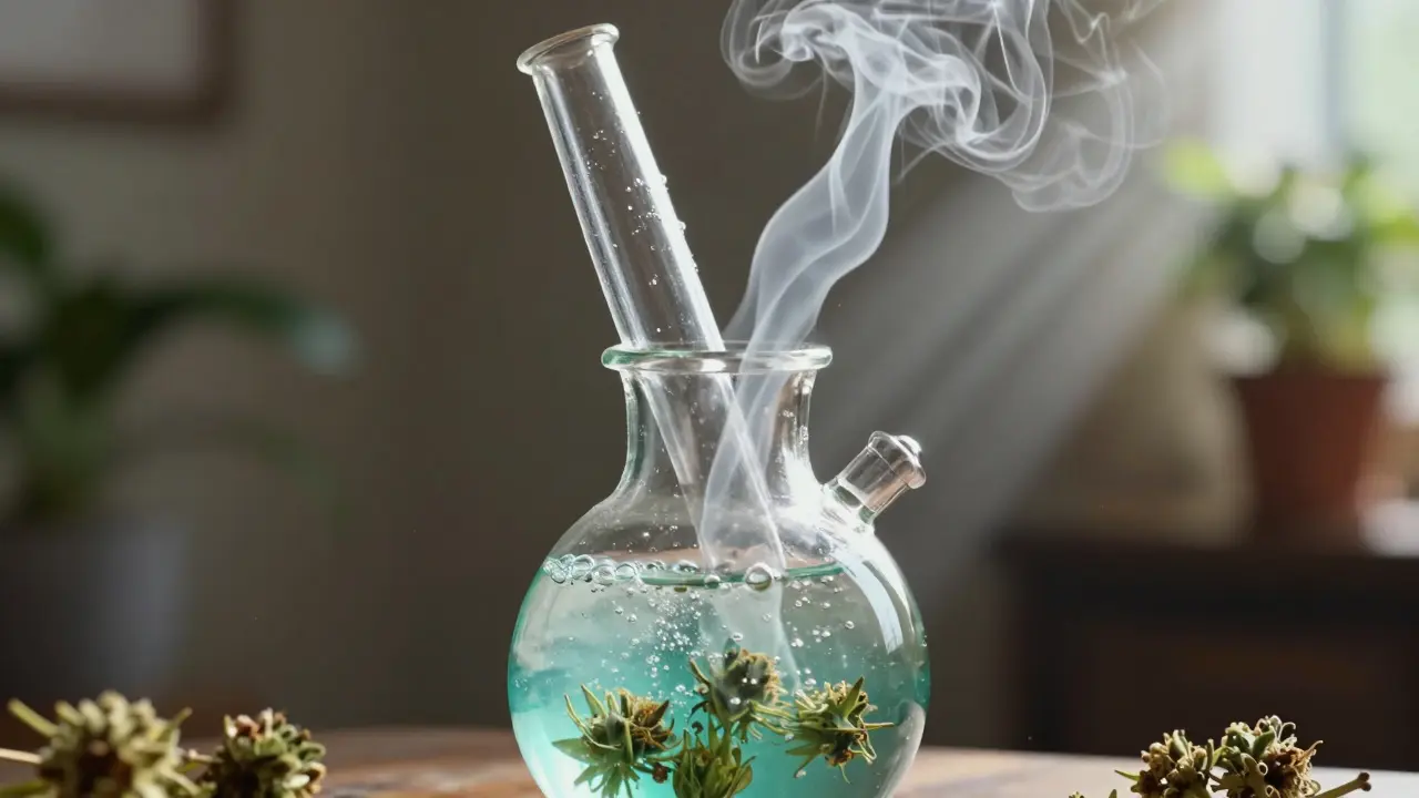 Bong s bublající vodou, která filtruje kouř z HHC květů ve světle