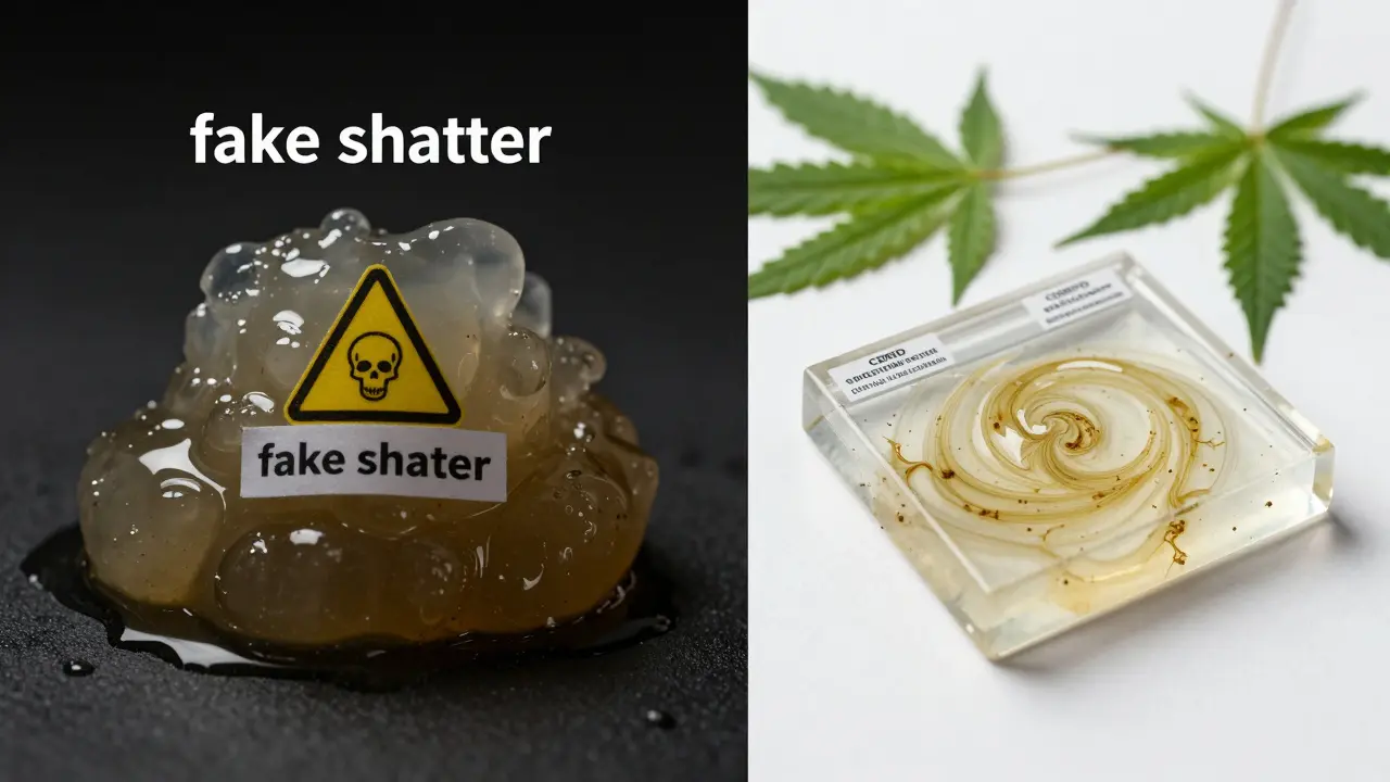 Dvě strany: kvalitní CBD shatter vpravo a nečistý podvod vlevo s varovnými značkami.
