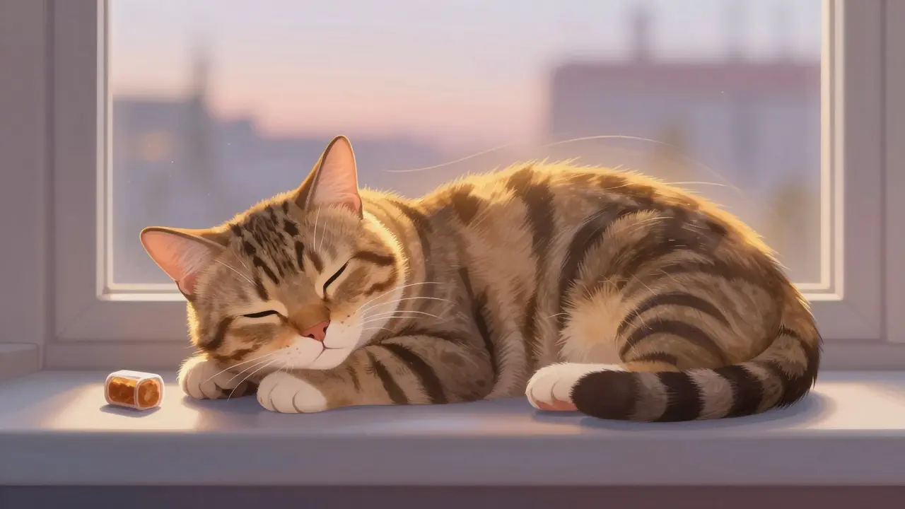 Kočka na okně klidně dýchá, při ní CBD potravina a jemné záře znázorňující účinek.