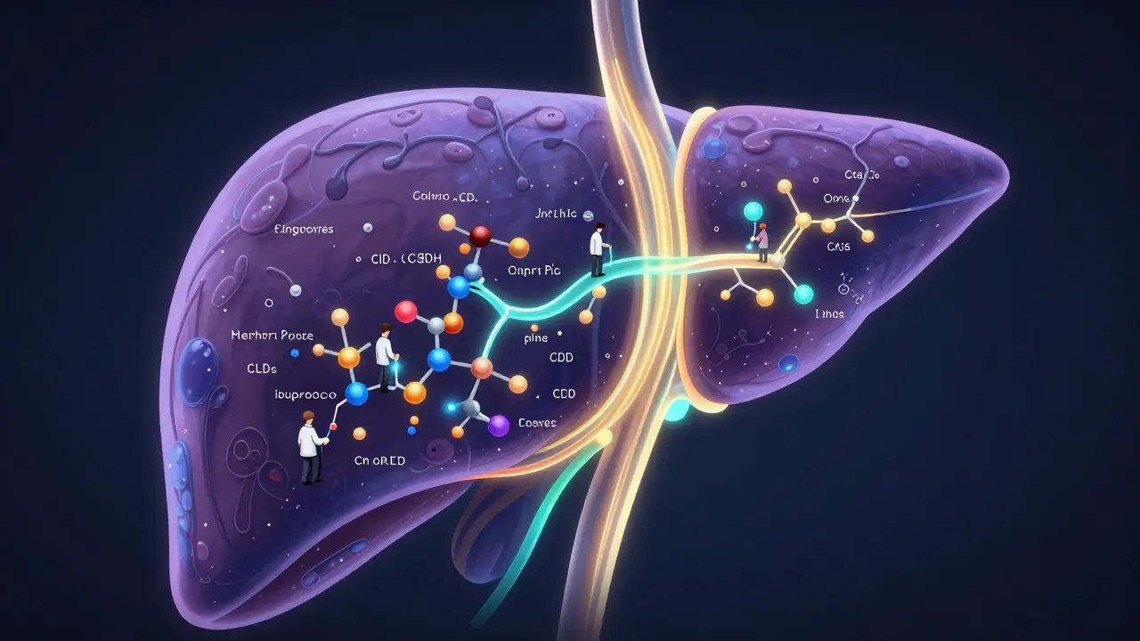Konceptuální znázornění jaterního metabolismu léků