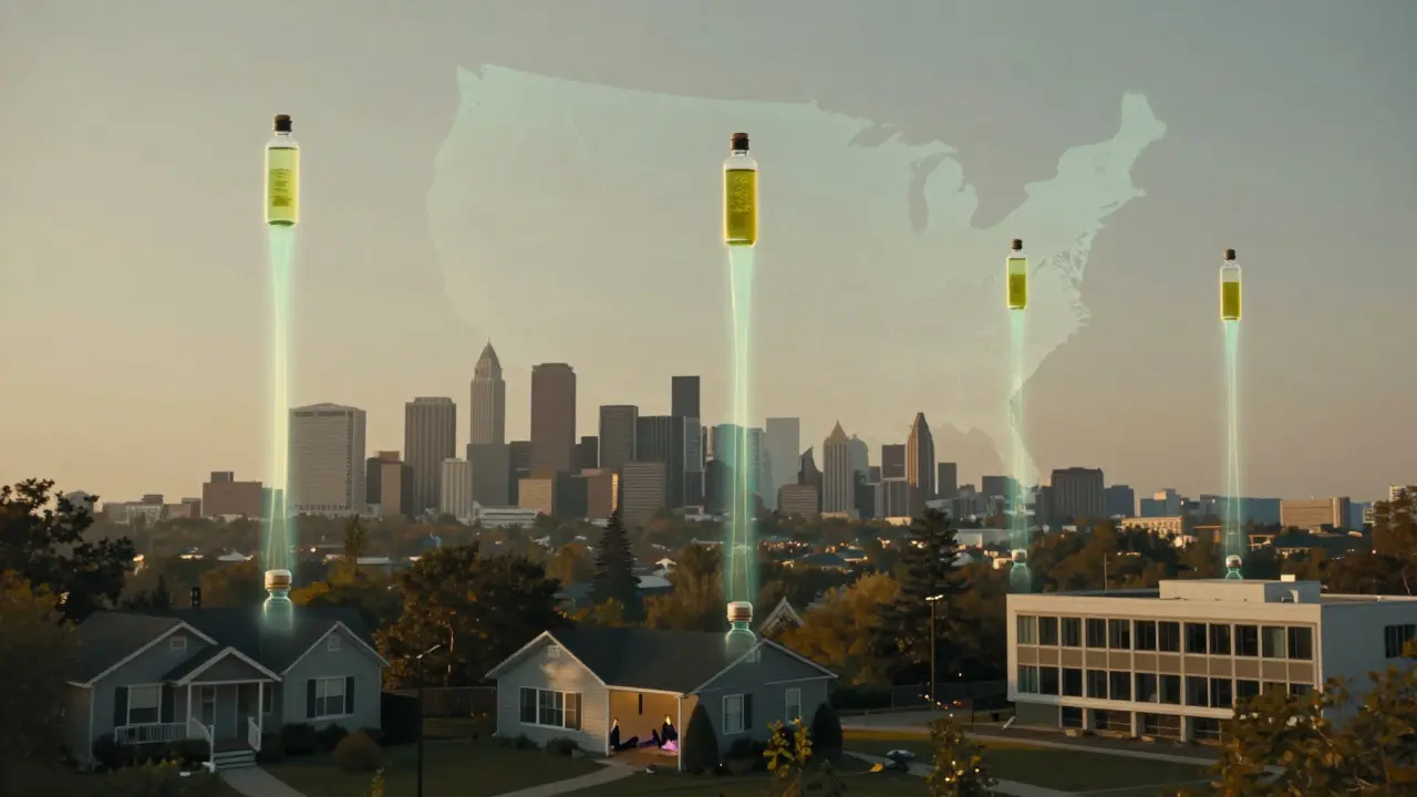 Kulturní symbol USA tvořený tekutými proudy CBD vystupujícími z lahviček do vzduchu nad různými lokacemi.
