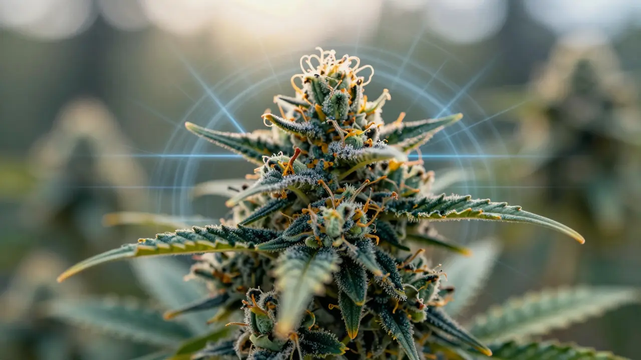 Makro snímek CBD květů s zlatým světlem prosvítajícím skrz trichomy, s jemnými vlnami barev kolem.