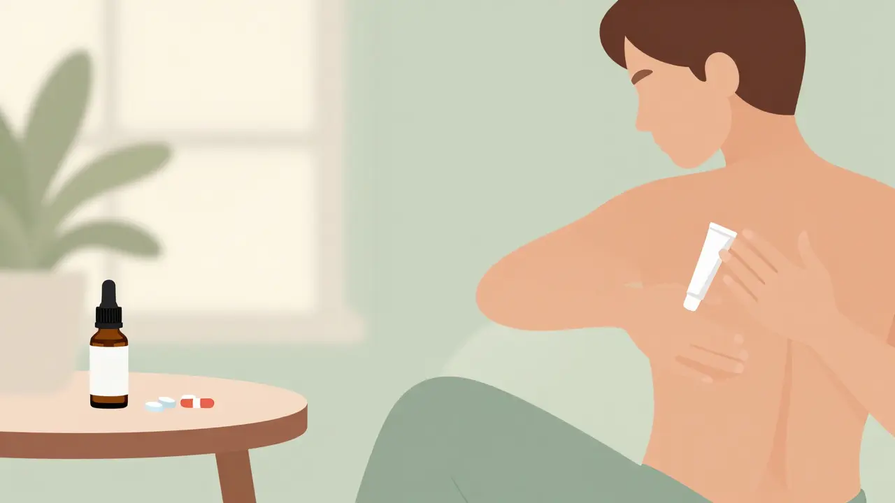 Osoba aplikující CBD krém na záda v domácím prostředí