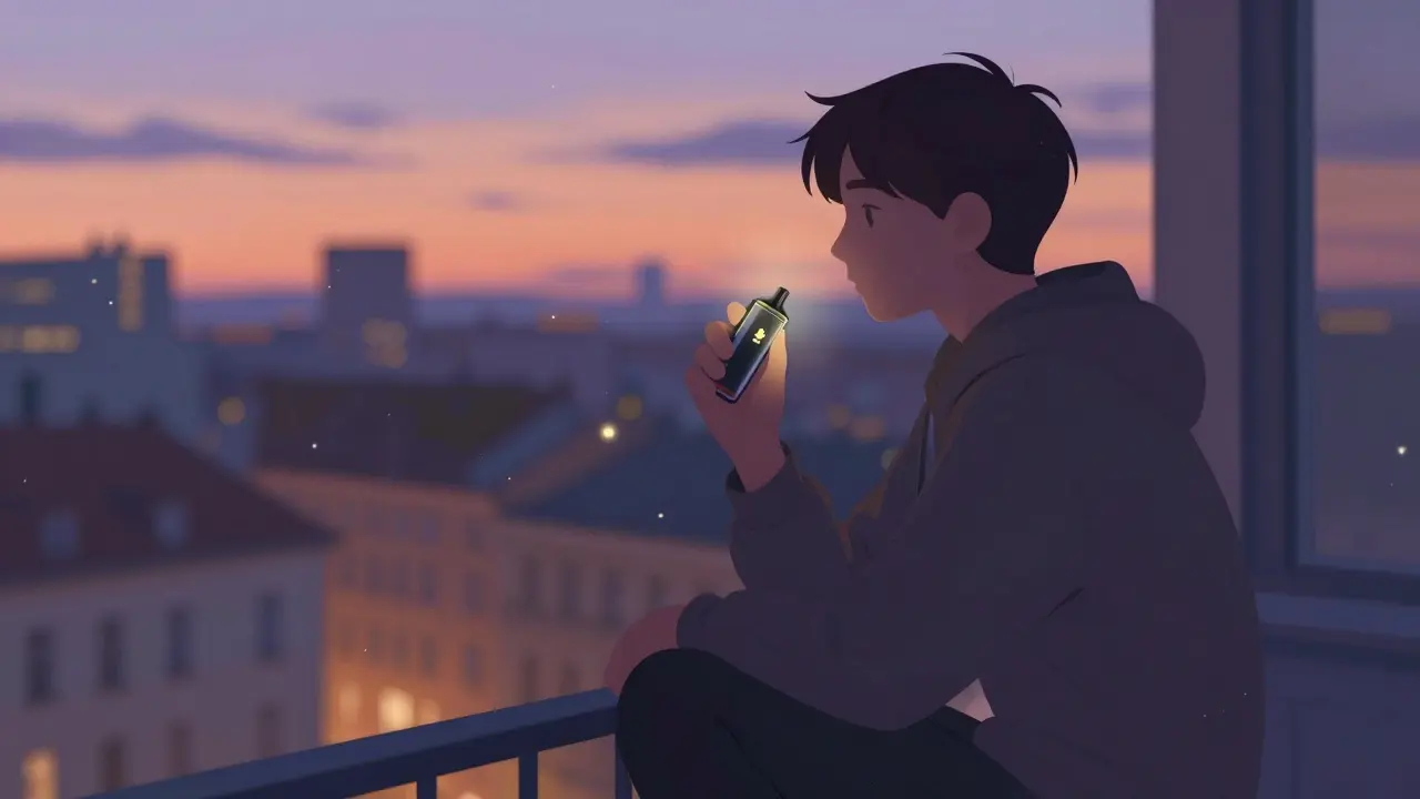 Person calmly holding HHC vape on a city balcony at dusk
