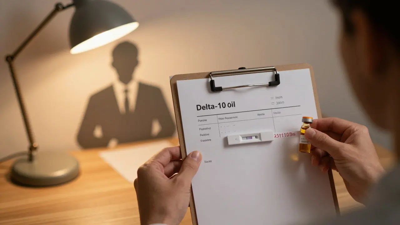 Person holding delta-10 vial beside positive drug test, HR officer in shadow.