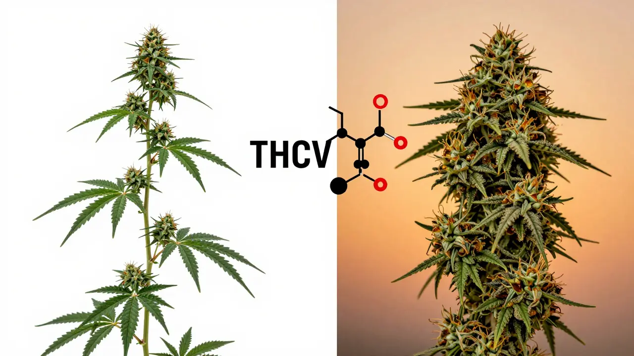 Porovnání evropského a afrického konopí: jedno s nízkým a druhé s vysokým obsahem kanabinoidů, s molekulou THCV mezi nimi.