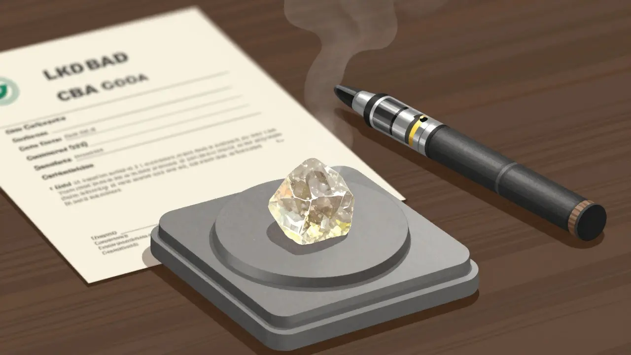 Přesně vážený kousek CBD shatteru vedle vaporizéru a laboratorního potvrzení.