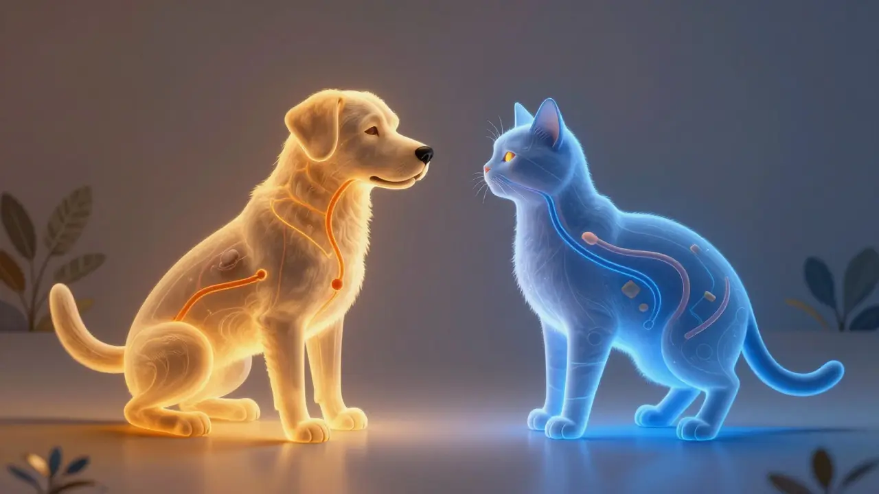 Průhledné tělo psa a kočky zobrazují různé cesty vstřebávání CBD – rychlou a pomalou.