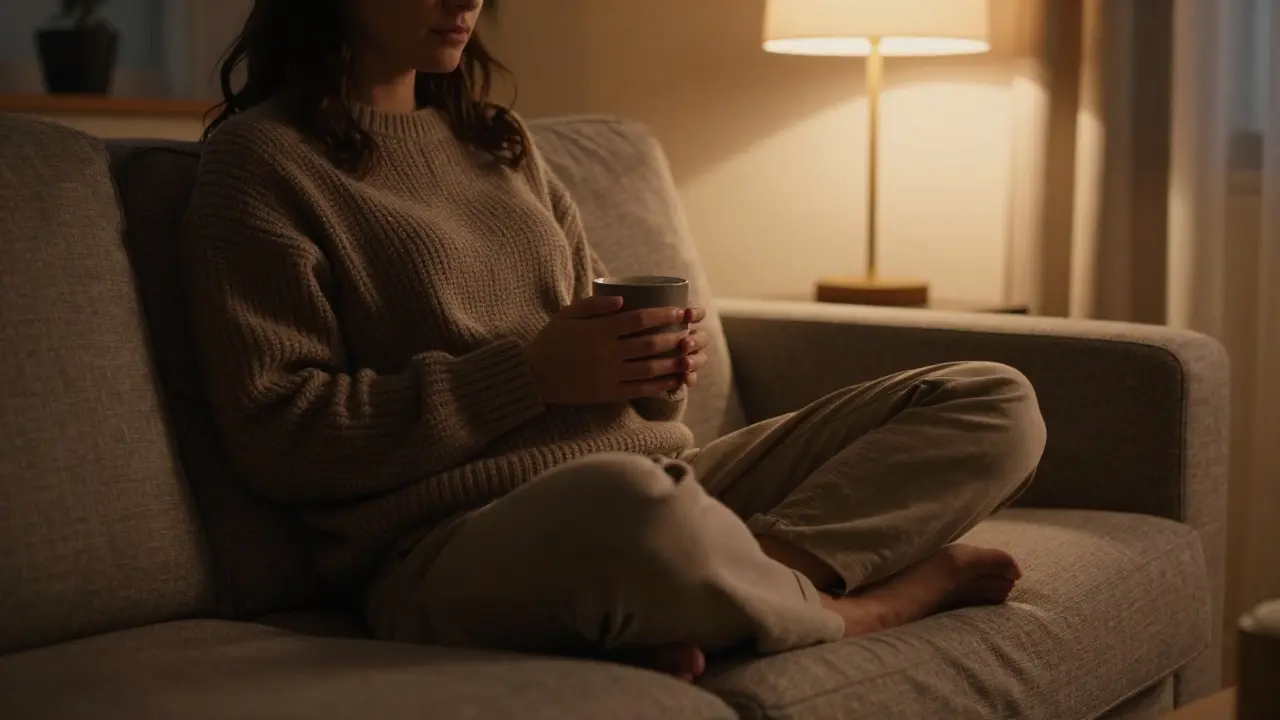 Relaxovaná osoba v obývacím pokoji večer při slabém světle.