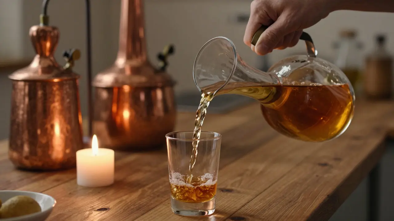 Rozlévání vody do silného lihu pro bezpečné pití.