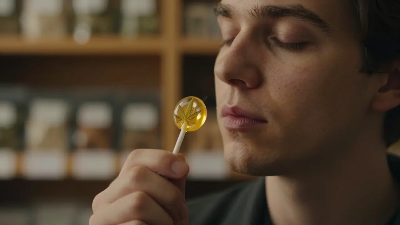 Ruka drží konopný lollipop, člověk zavřel oči v klidu.