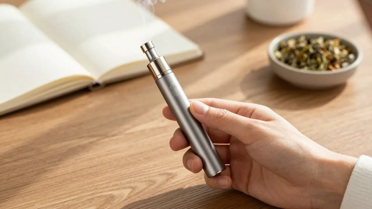 Ruka drží parník s jemnou mlhou v klidné atmosféře interiéru.