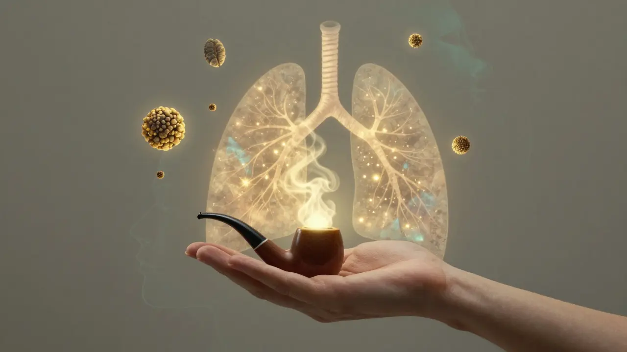 Ruka drží pipe, z ní stoupají zlaté částice představující HHC vapor a terpeny