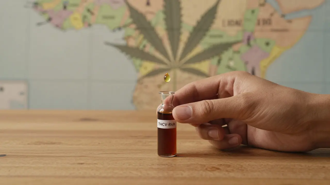 Skleněná lahvička s THCV extraktem na mapě jižní Afriky, s kapekou oleje ve vzduchu.