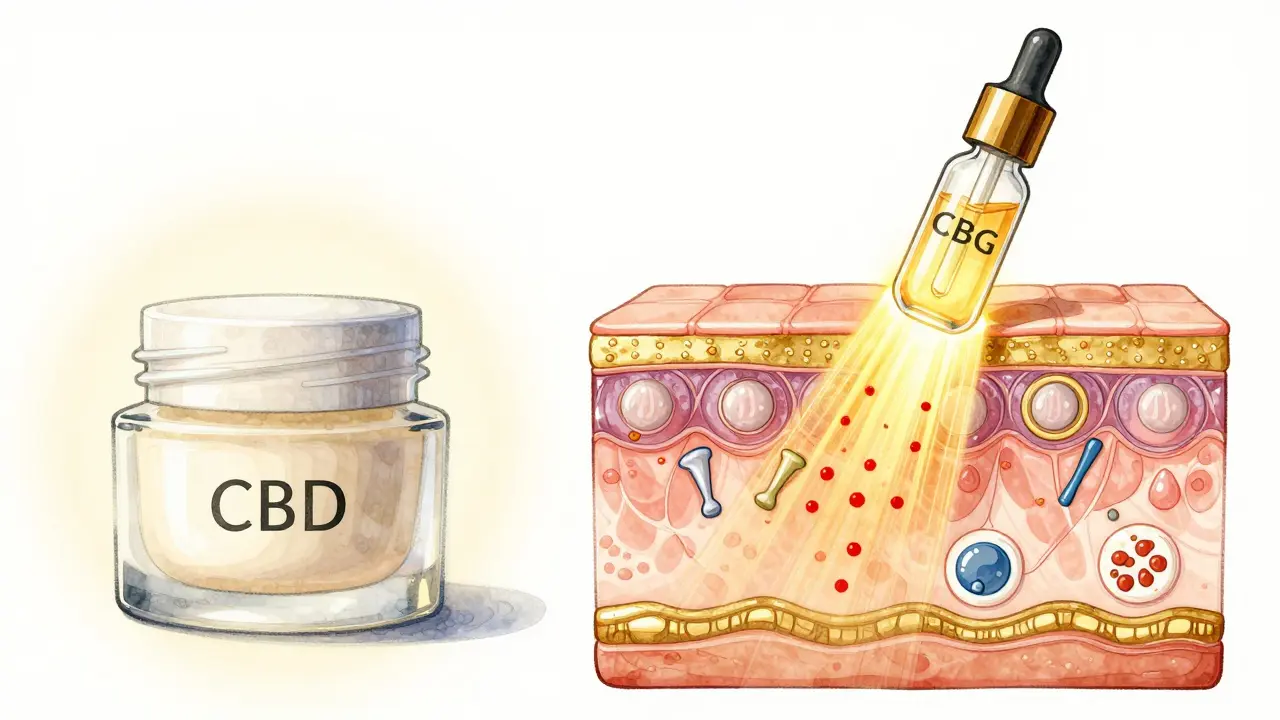 Srovnání účinků CBD a CBG: CBD mírně uklidňuje, CBG cíleně blokuje zánětlivé signály v kůži.