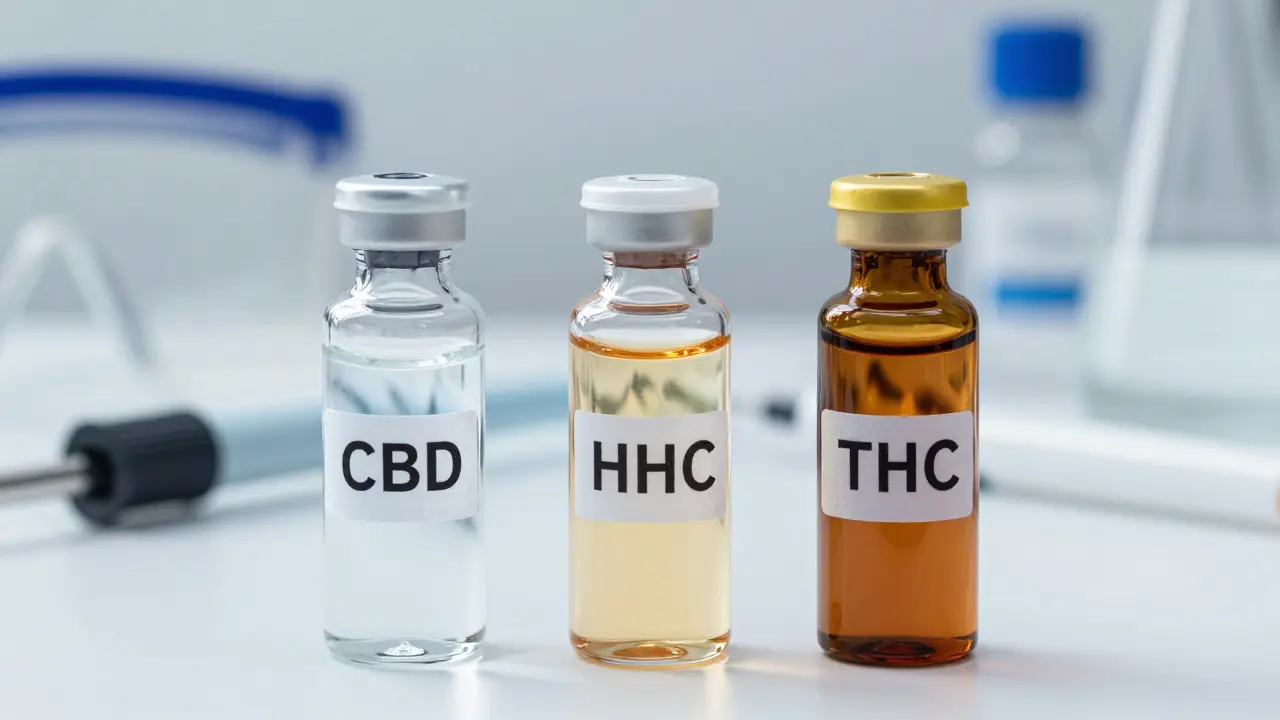 Three transparent vials showing CBD, HHC, and THC differences