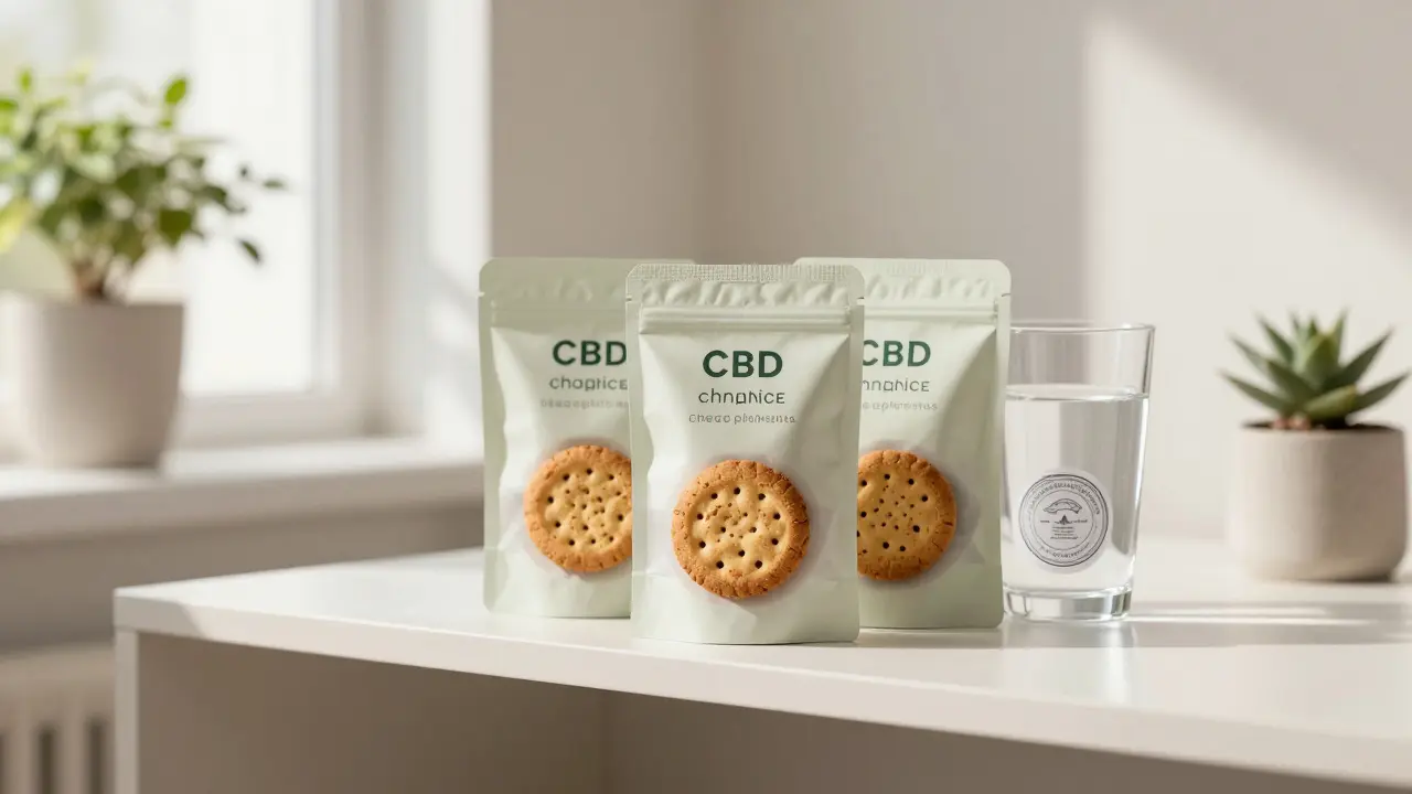 Tři kvalitní CBD sušenky v minimalistickém balení na polici s certifikátem.