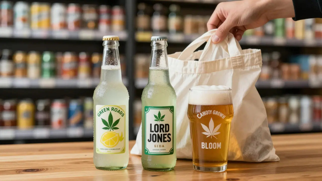 Tři nejprodávanější konopné nápoje v USA na dřevěné desce, připravené k nákupu.