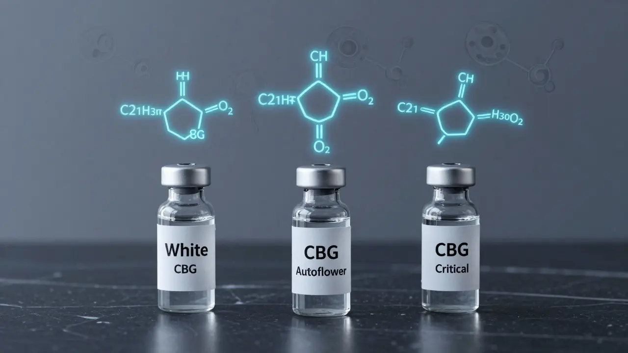 Tři výtažky CBG v skleněných lahvičkách s plavajícími molekulárními strukturami nad nimi.