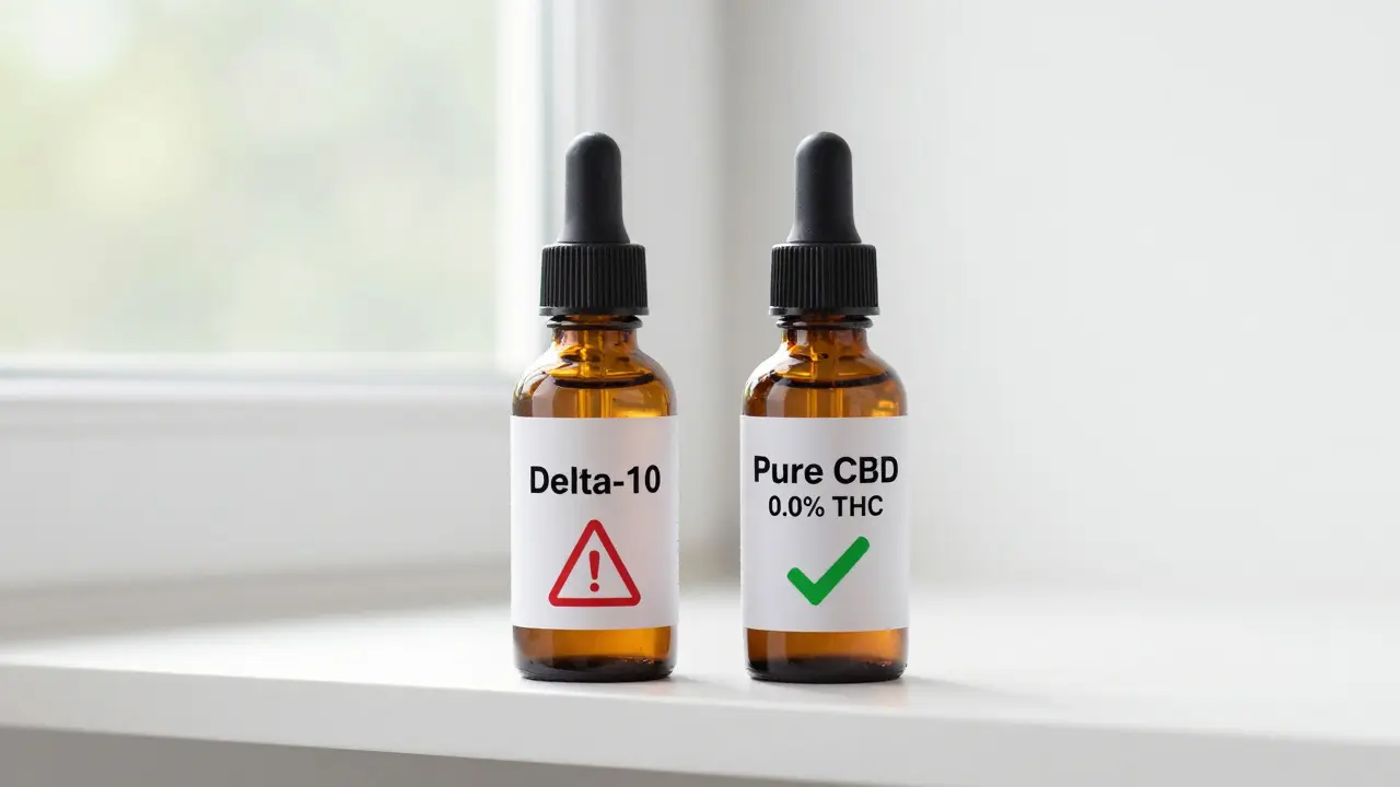 Two bottles side by side: delta-10 with warning symbol and pure CBD with green checkmark.